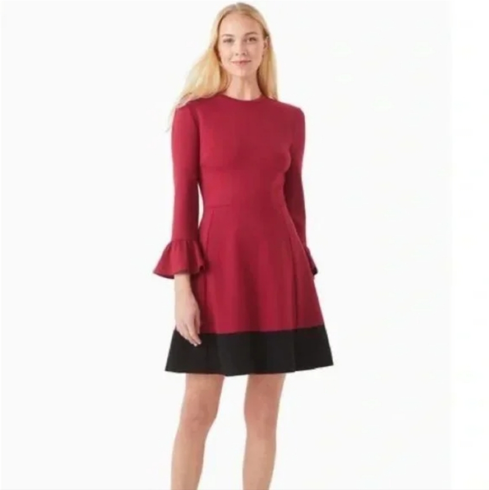 Kate Spade Colorblock Bell Sleeve Ponte Dress Cranberry Cocktail/Black XS